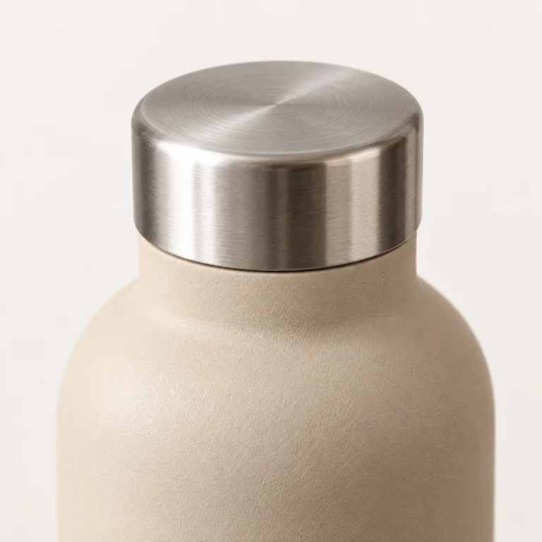 Nahaufnahme des geschlossenen, gebürsteten Metallverschlusses der sandbeigen Flasche
