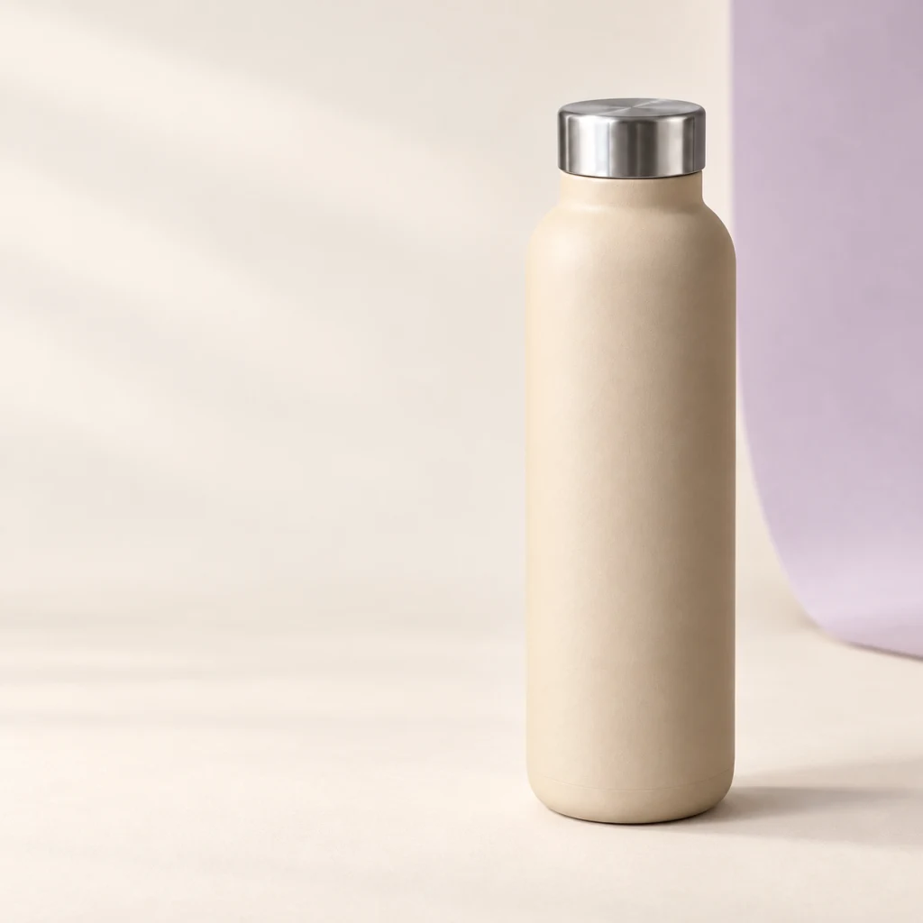 Sandbeige Edelstahlflasche im Studiolicht auf warmem, hellem Hintergrund