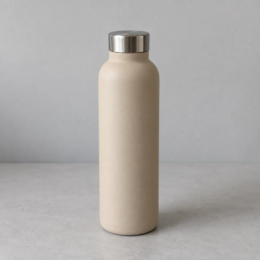 Ausgangsfoto einer matten, sandbeigen 750-ml-Edelstahlflasche mit Schraubverschluss
